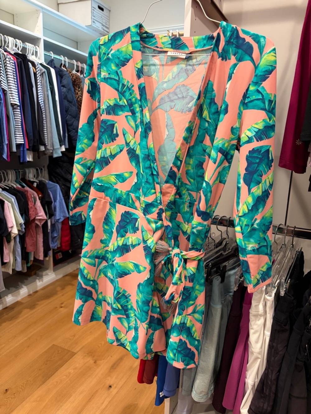 Cabana Life Tropical Leaf Print Wrap Dress Romper - Pink & Teal